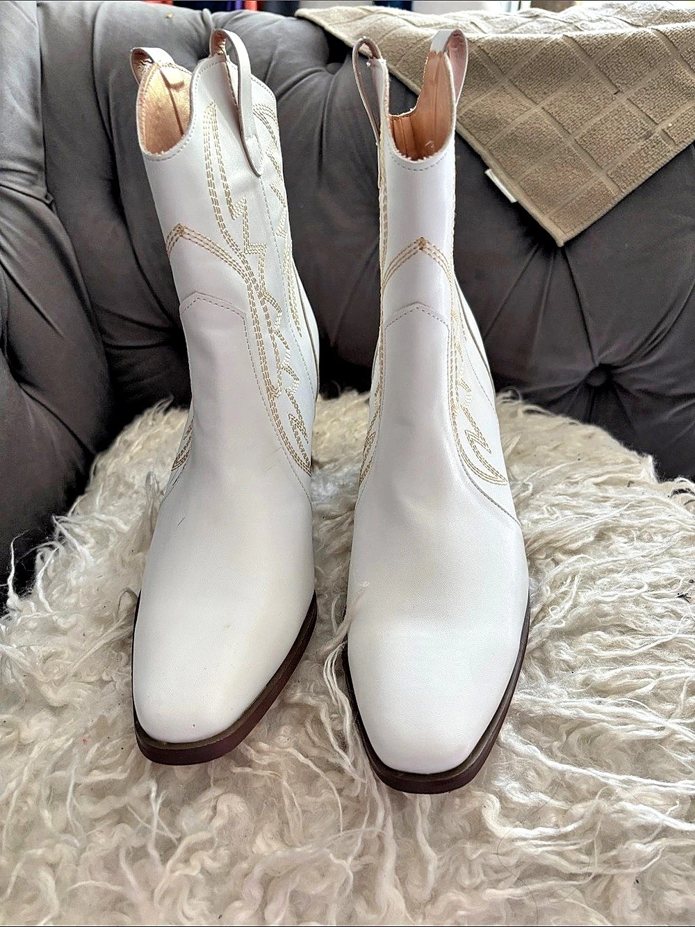 White Embroidered Western Heeled Boots